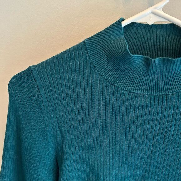Anthropologie NWOT Mock Neck Bell Sleeve Teal Ribbed Knit Sweater - Picture 3 of 5